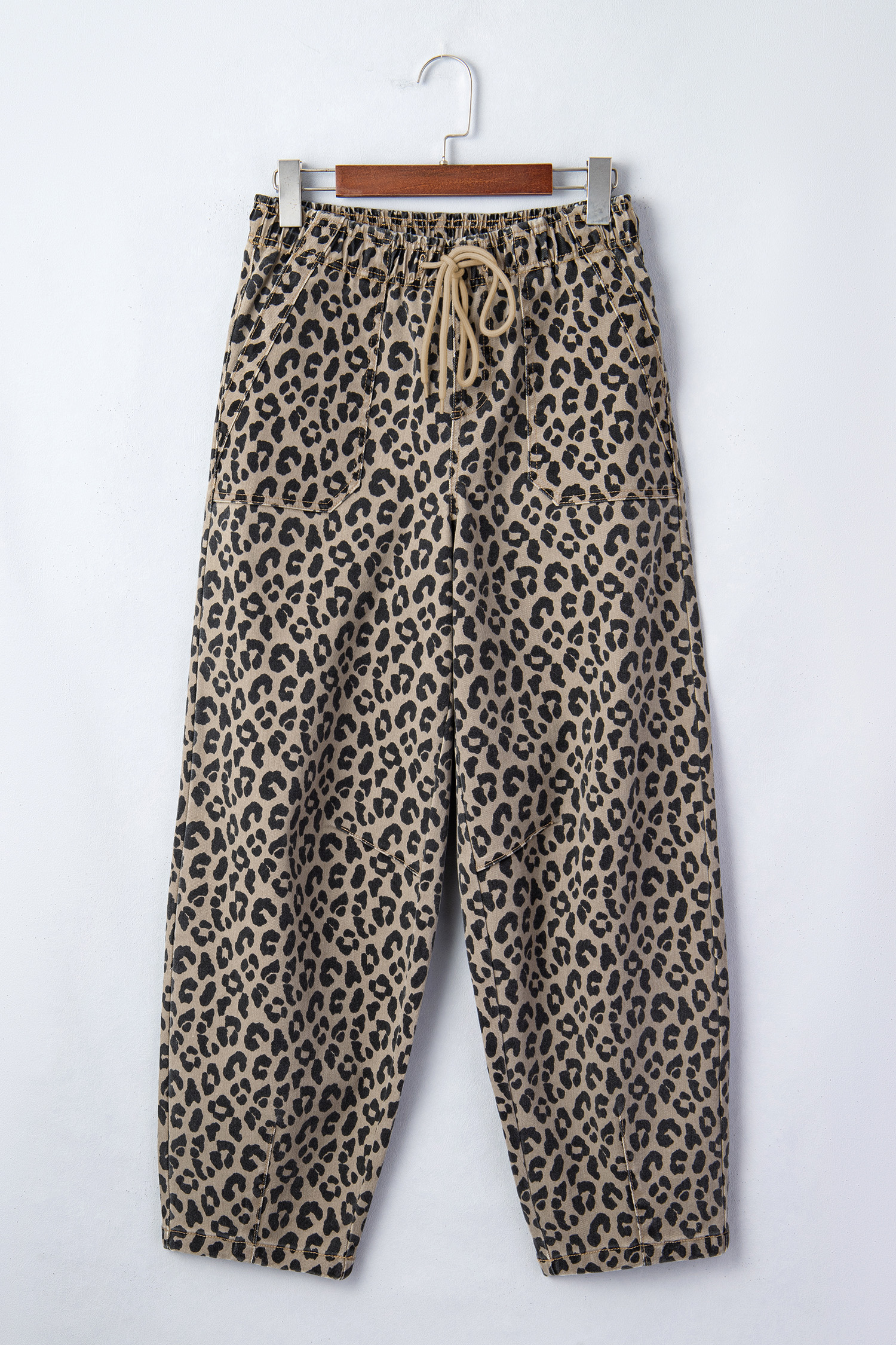 Khaki Leopard Print Drawstring Elastic Waist Loose Denim Pants with Pockets
