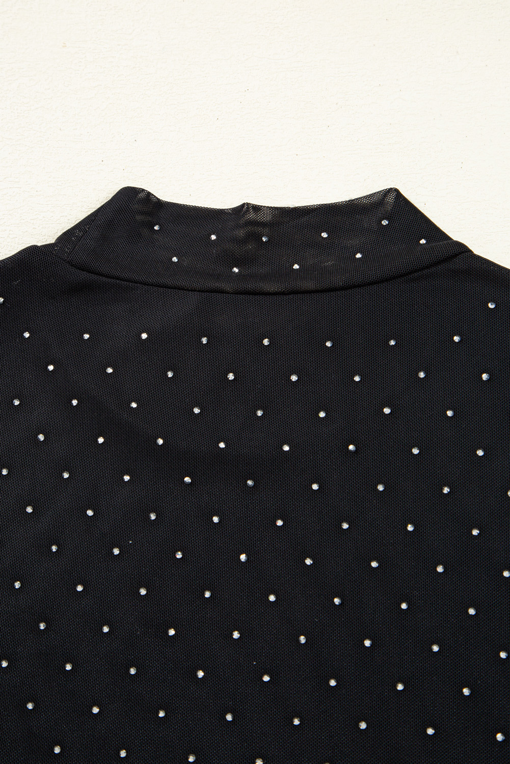 Black Rhinestone Embellished Mesh Long Sleeve Top