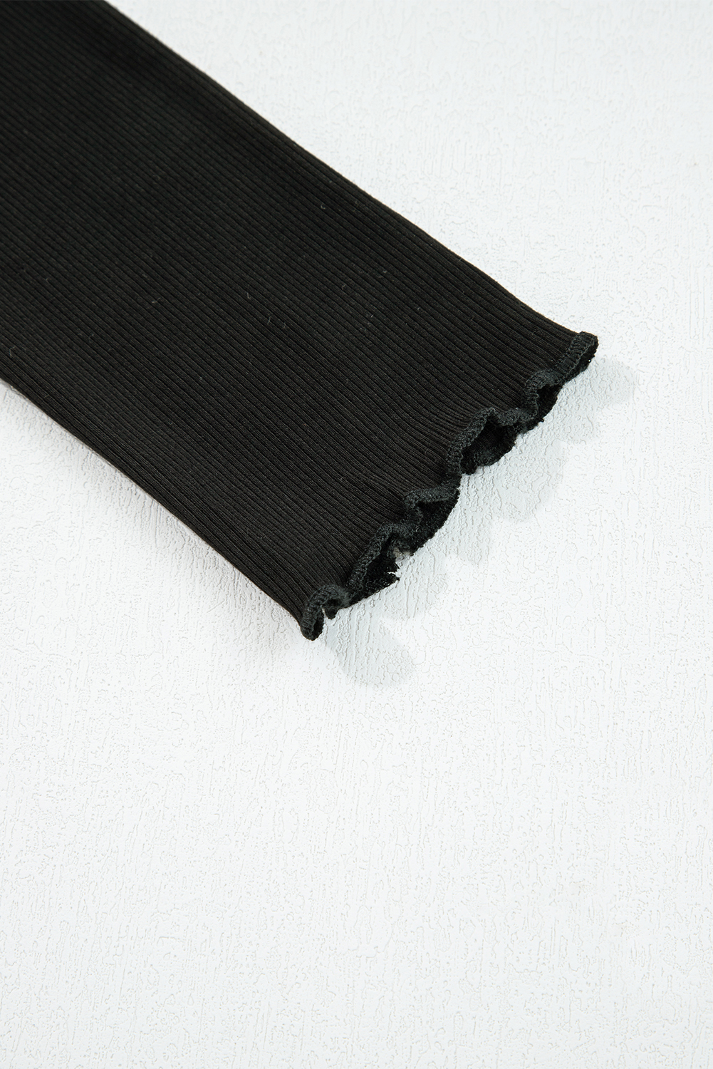 Black Ribbed Knit Lettuce Trim High Neck Long Sleeve Top