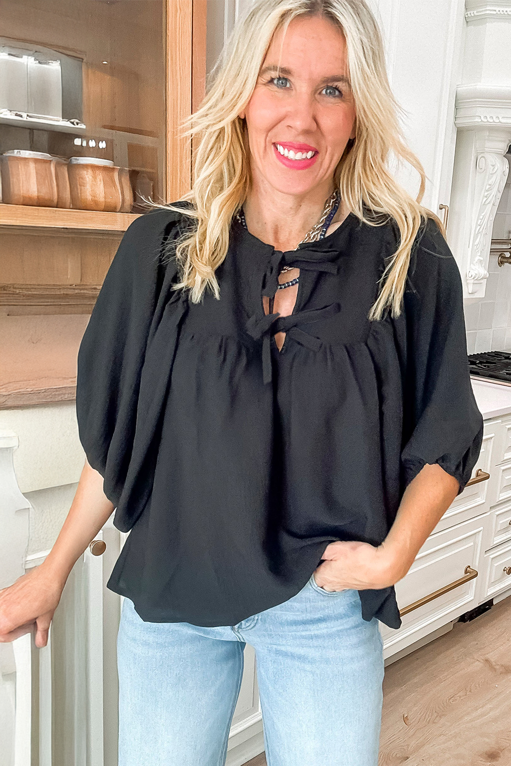 Black Bow Tie Neck 3/4 Sleeve Casual Blouse