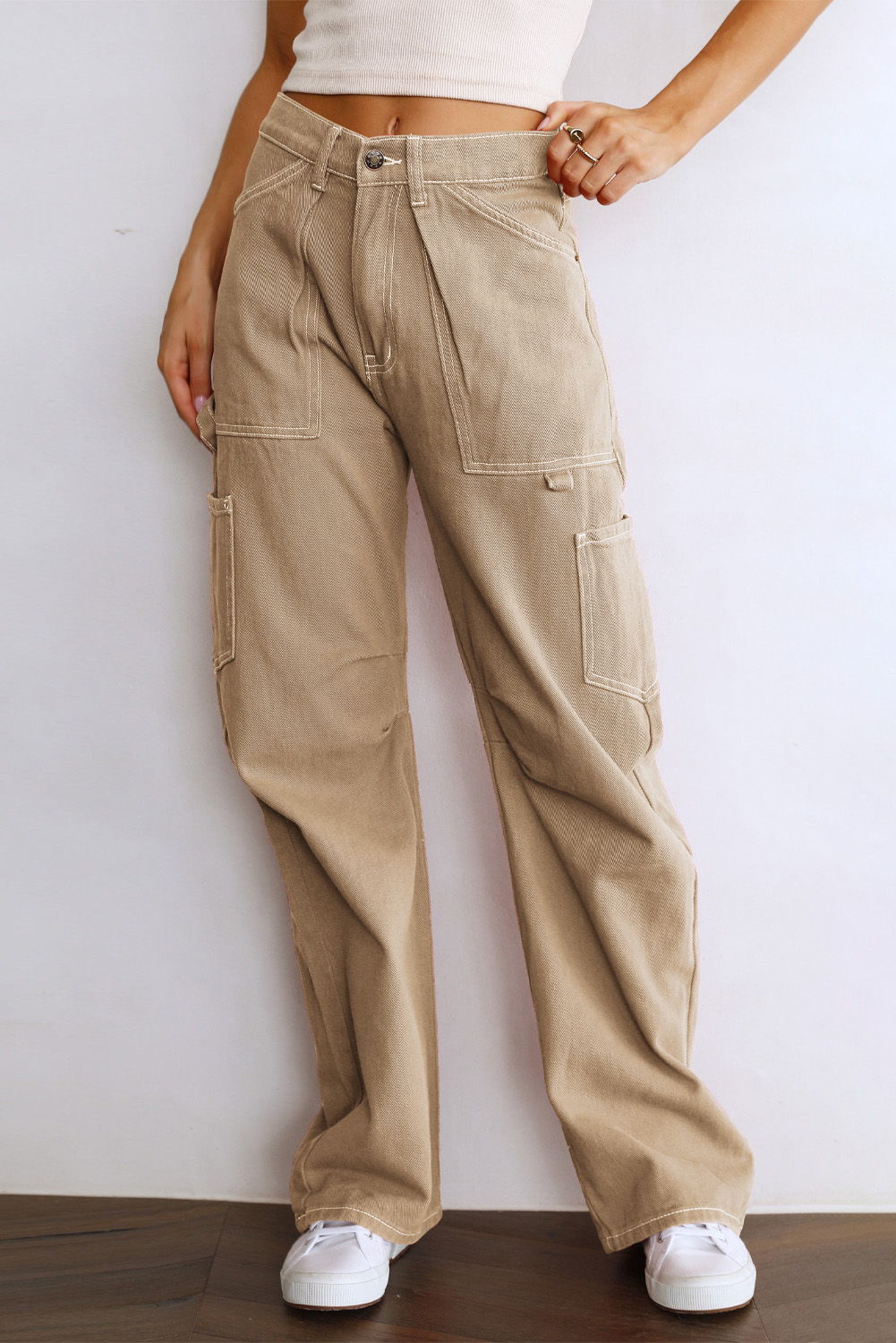 White High Waist Straight Leg Cargo Pants with Pockets