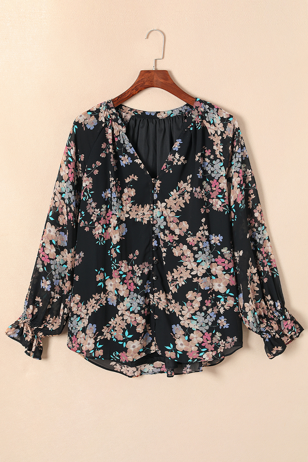 Black Wildflower Print Chiffon Blouse