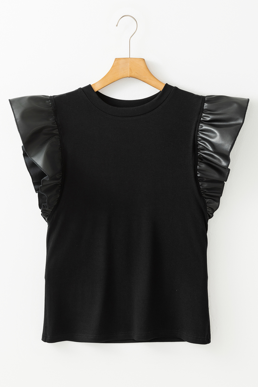 Black GAME DAY Checkered Letter Graphic Leatherette Ruffle Sleeve Top