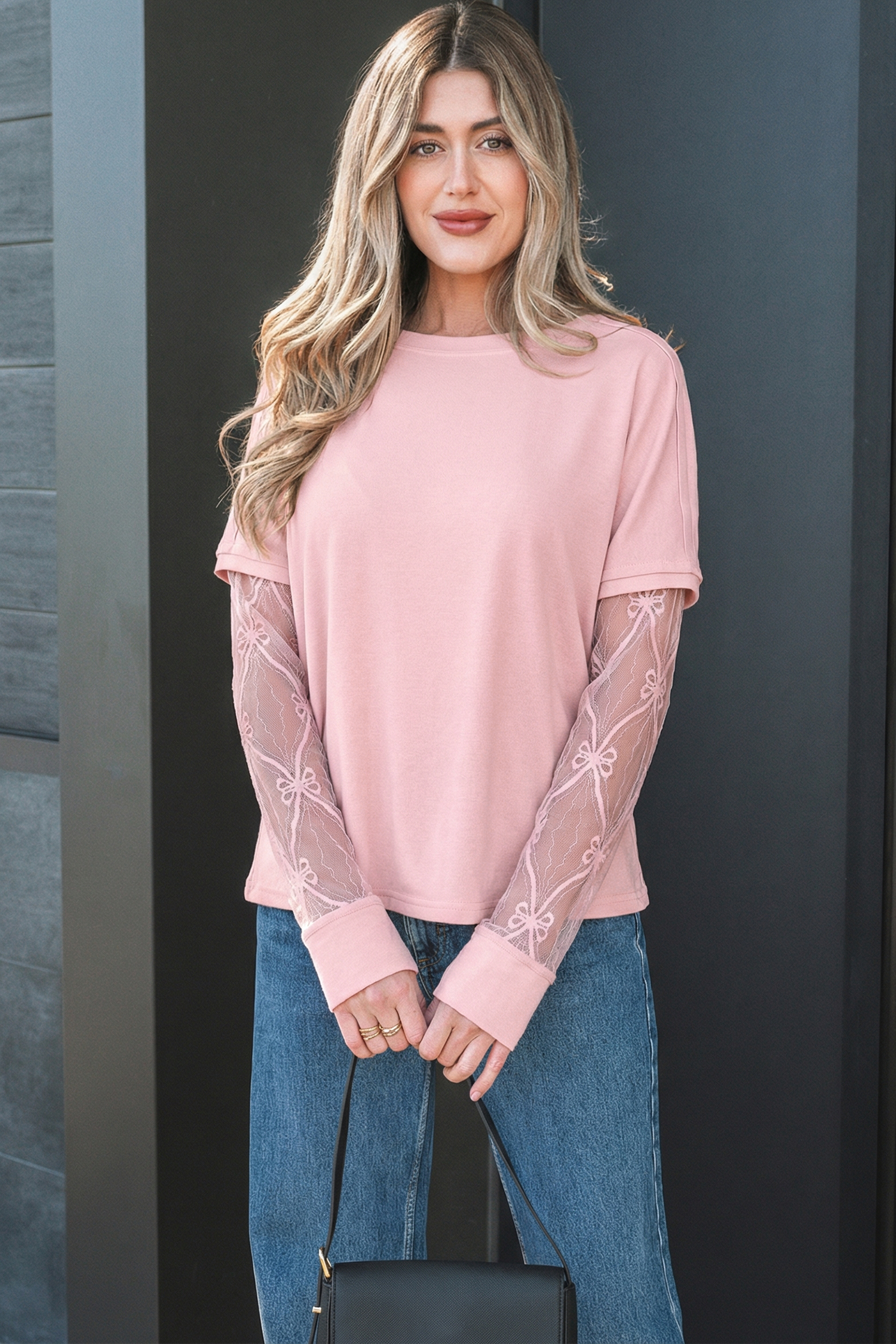 Light Pink Solid Color Bow Textured Patchwork Long Sleeve Tee