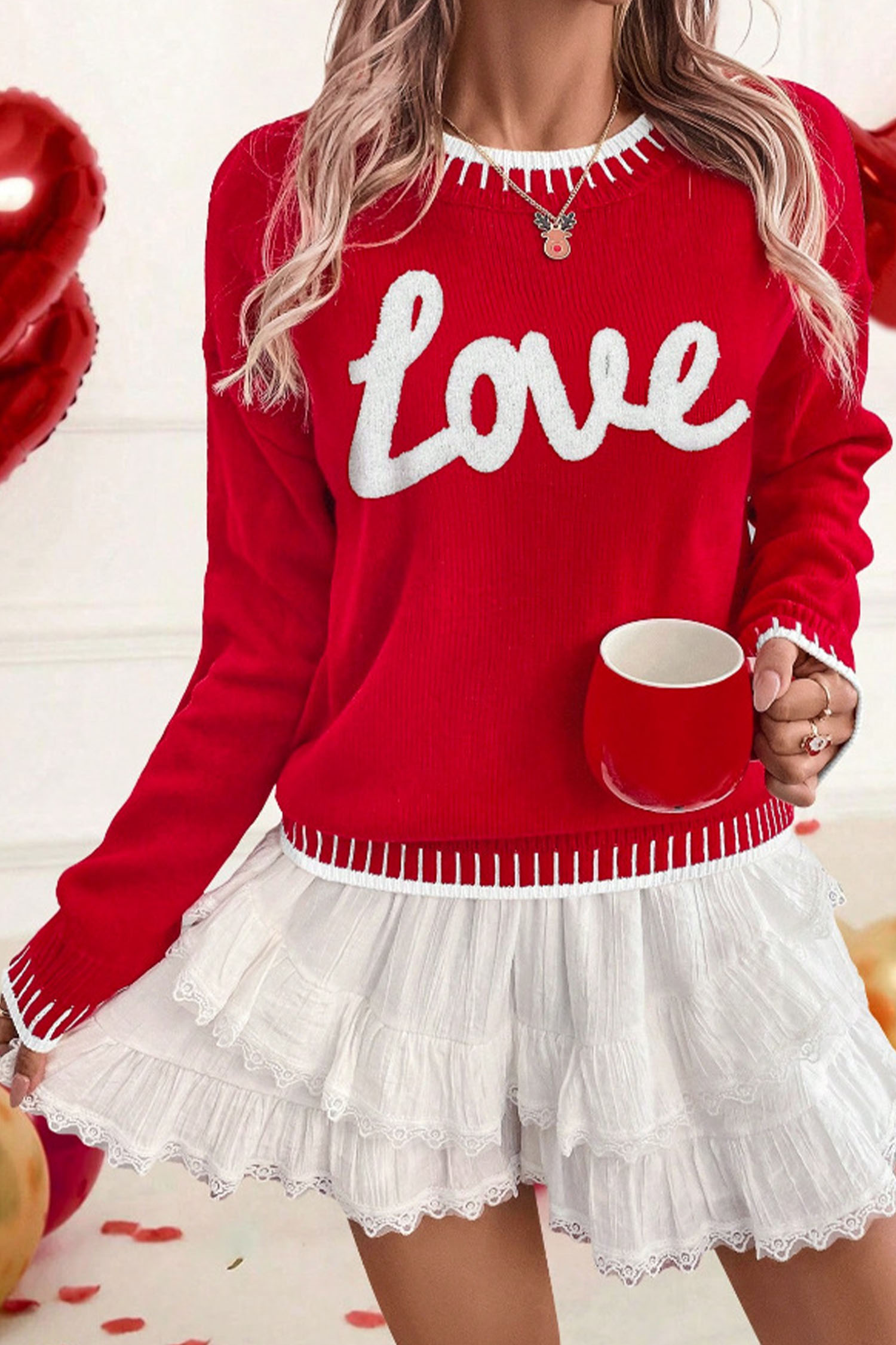 Light Blue Valentine Love Chenille Letter Graphic Sweater