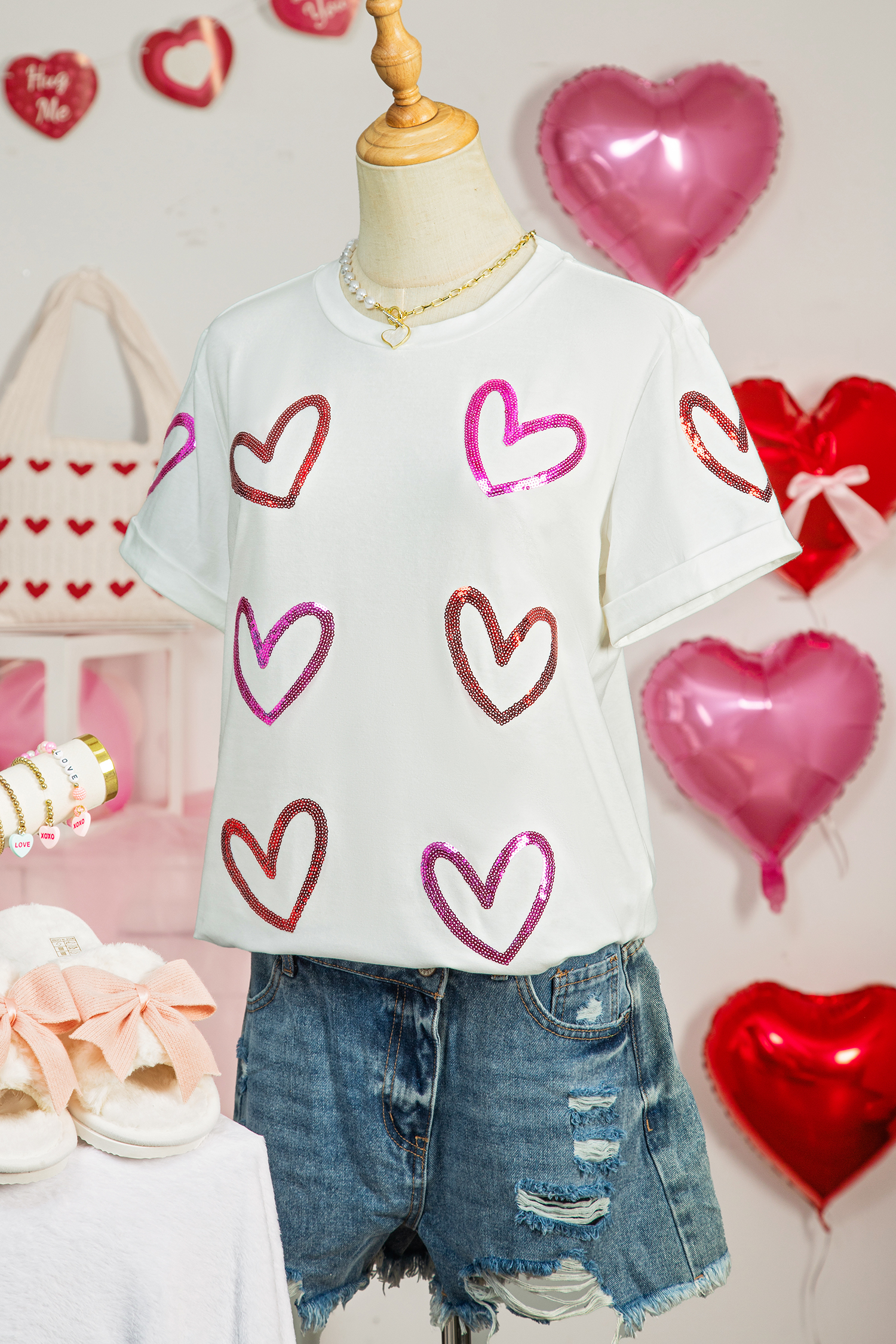 White Sequin Heart Sketch Graphic Womens Casual Tee