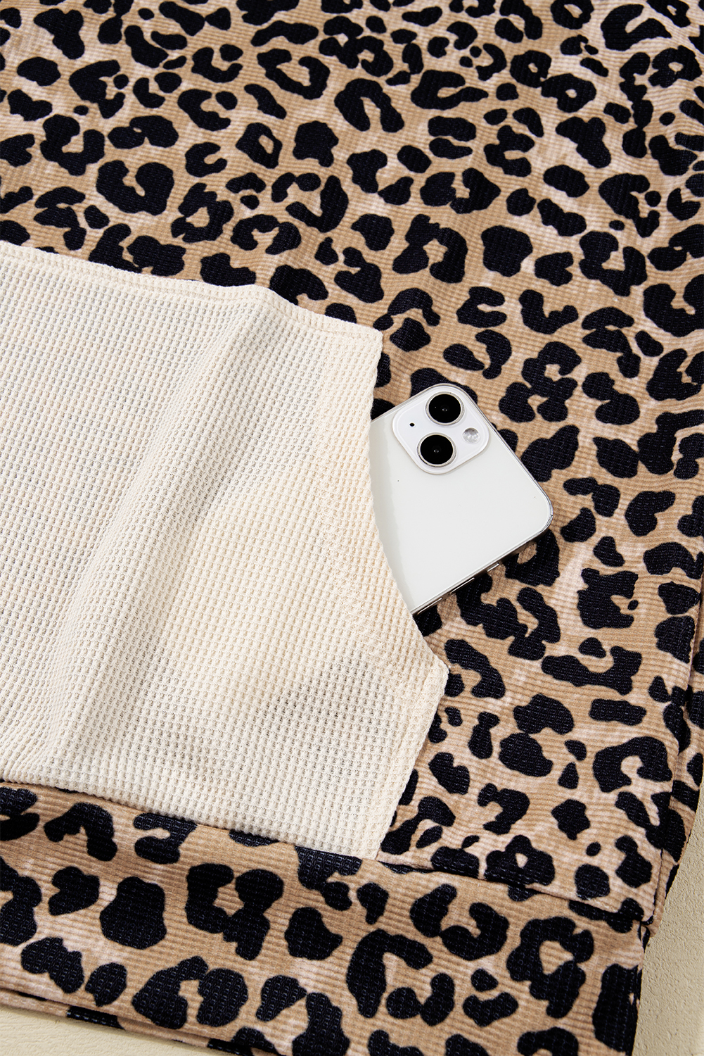 Leopard Print Waffle Contrast Kangaroo Pocket Hooded Sweatshirt
