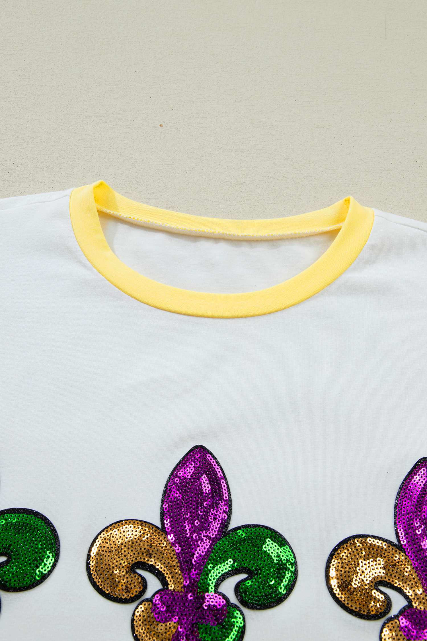 White Sequin Fleur de Lis Mardi Gras Varsity T Shirt