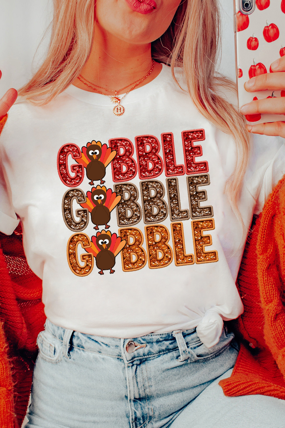 White GOBBLE Thanksgiving Turkey Print T Shirt