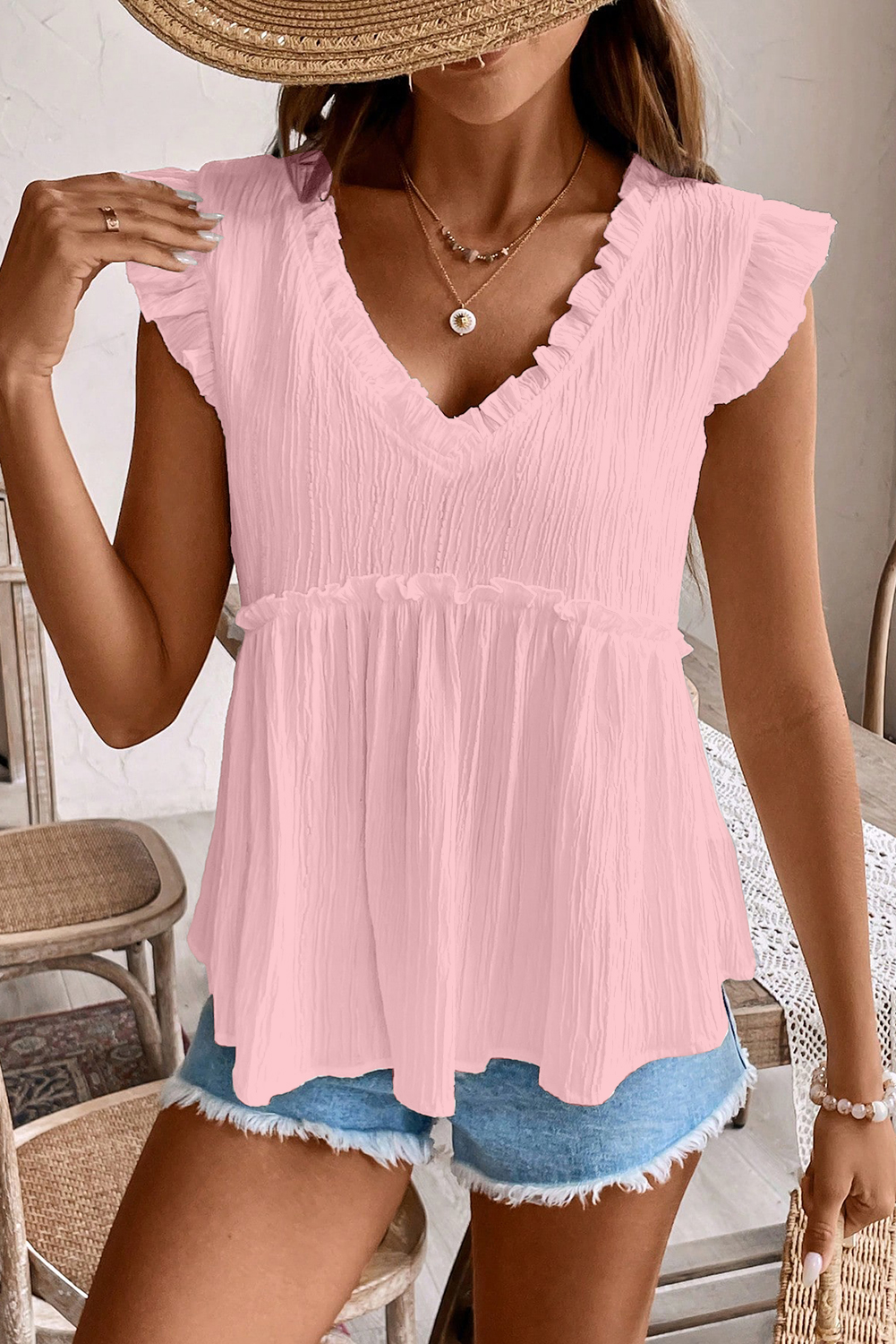 Light Pink Textured Ruffled Trim V Neck Flutter Flowy Top