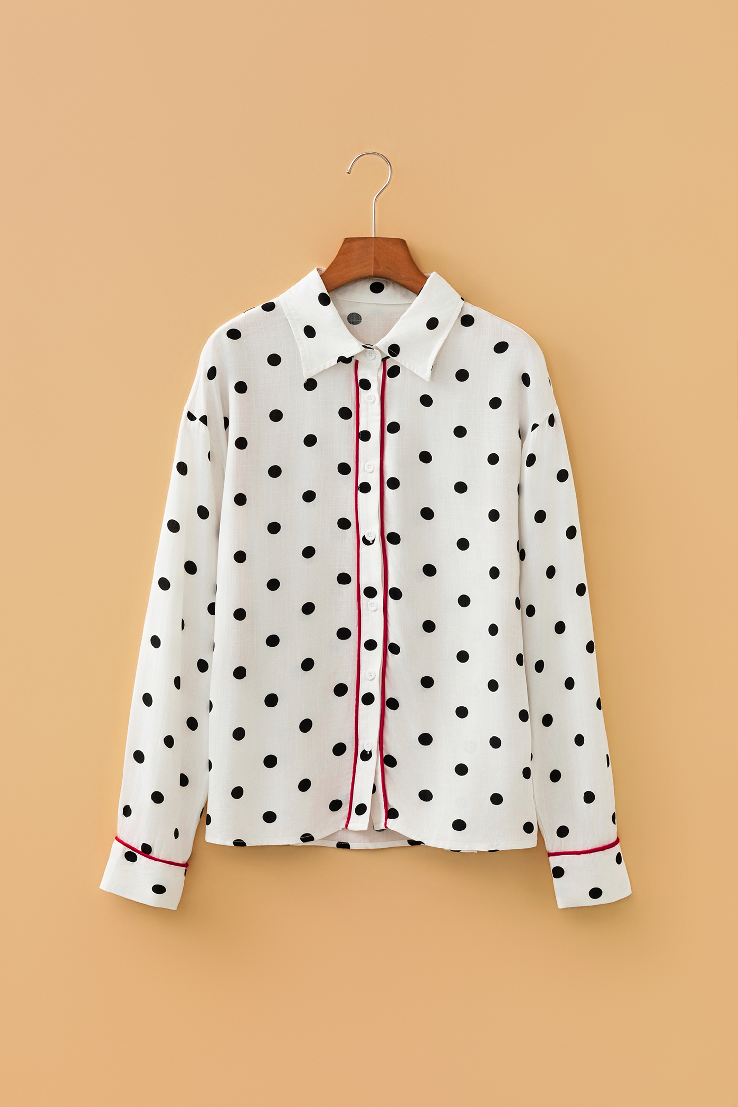 White Polka Dot Print Contrast Piping Elegant Shirt