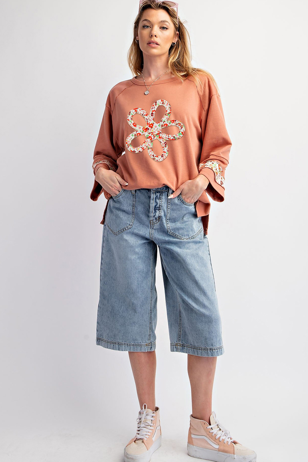 Beige Flower Patch Graphic Exposed Seam Wide Sleeve Top