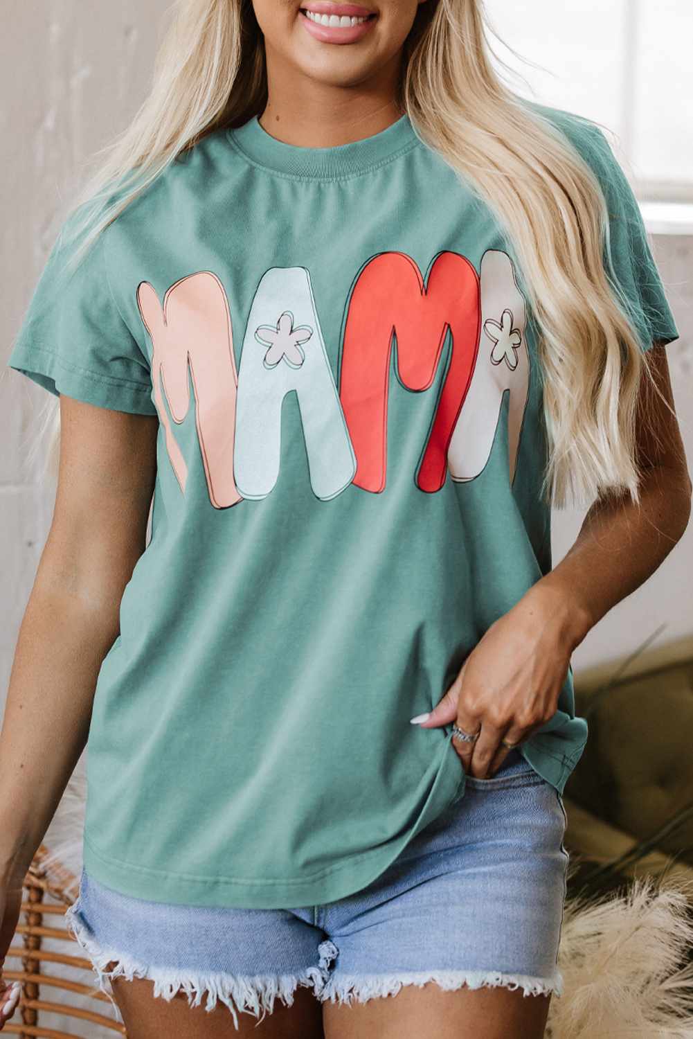 Sea Green MAMA Printed Mineral Wash Crewneck T Shirt
