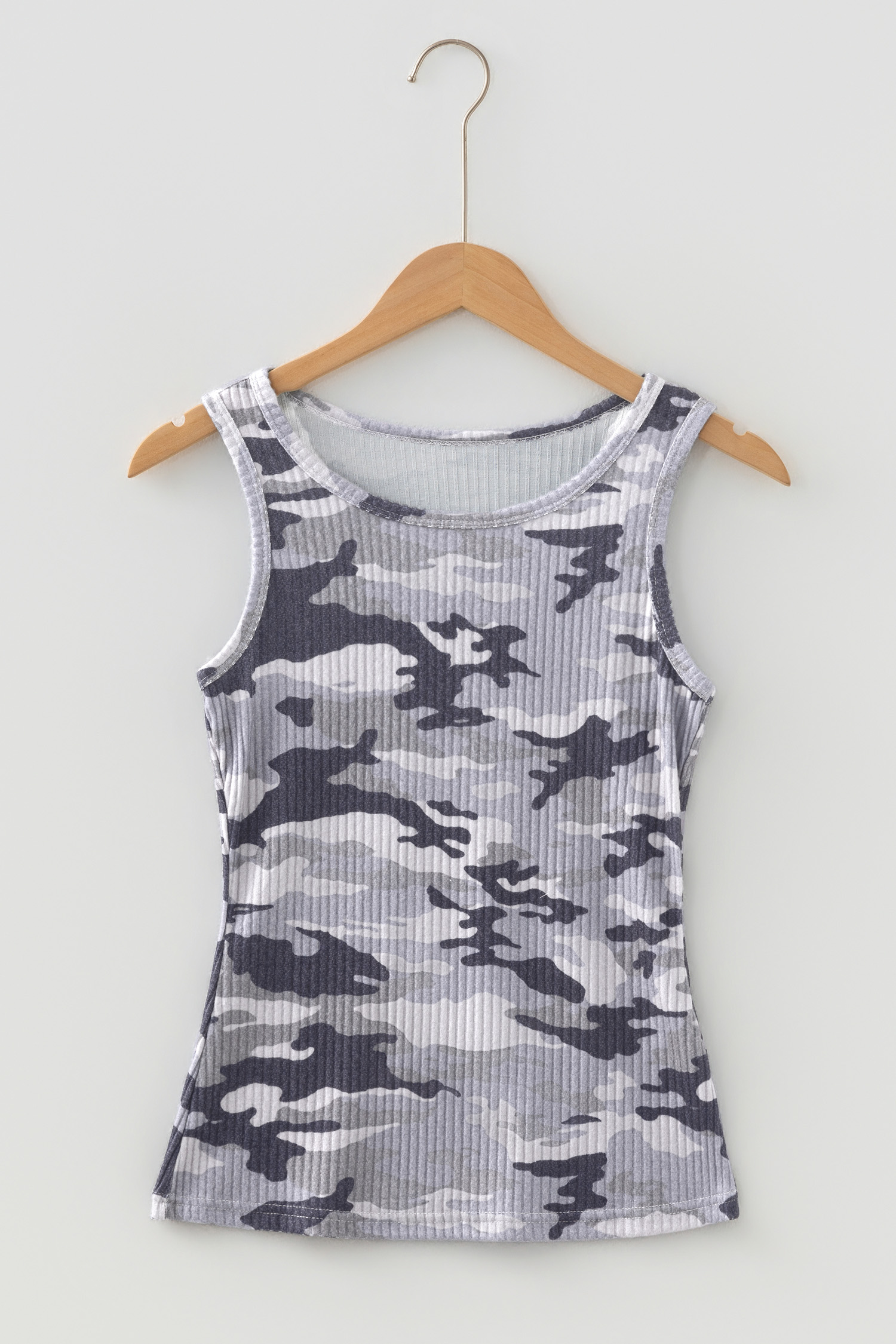 Gray Camouflage Print Ribbed Knit Round Neck Tank Top