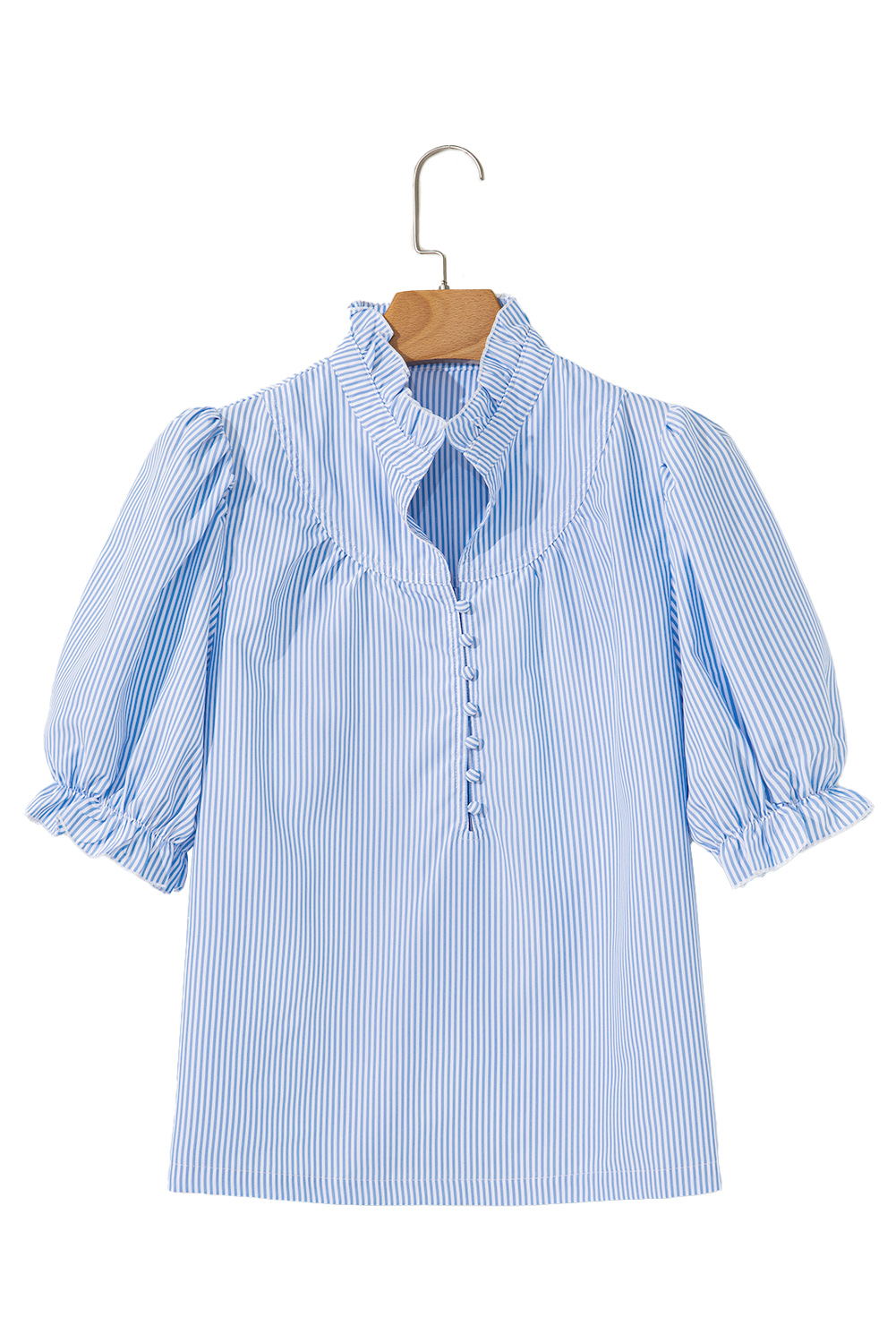 Sky Blue Stripe Ruffled Collar Puff Sleeve Half Buttons Blouse