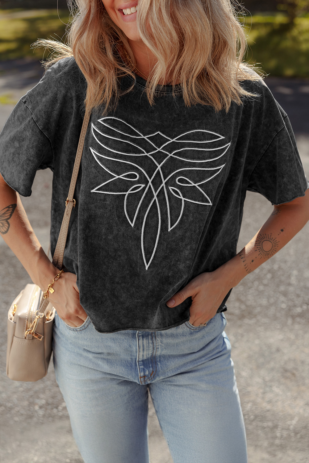 Black Floral Embroidered Mineral Wash Crew Neck T Shirt