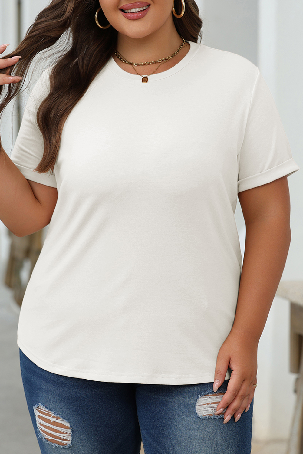 Khaki Casual Plain Crew Neck Tee