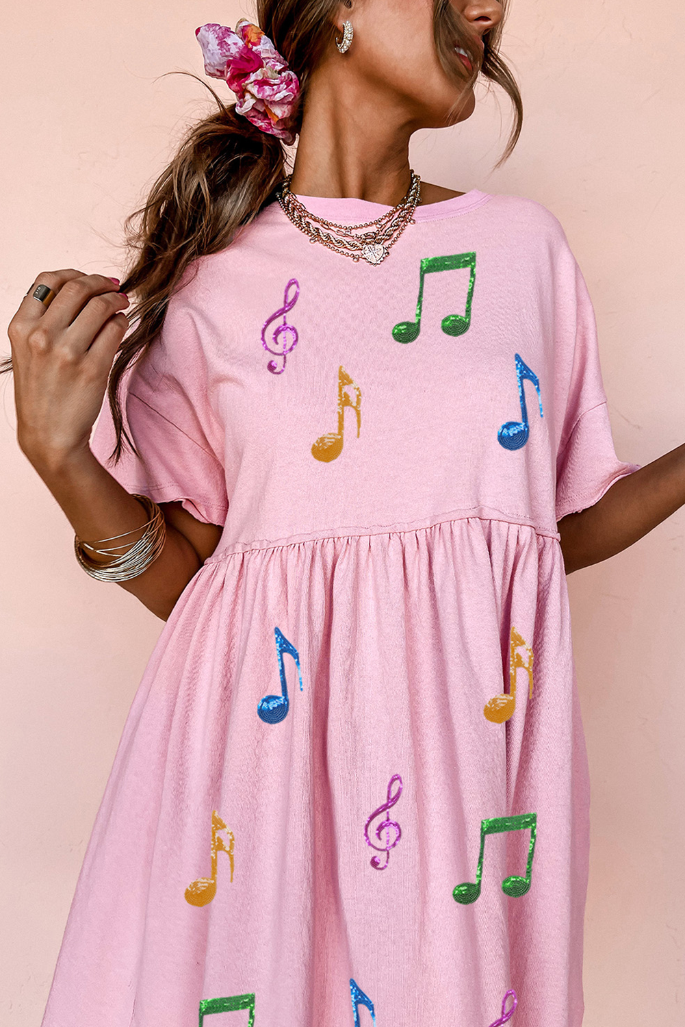 Light Pink Sequined Note Pattern Raw Edge Music Festival Babydoll T-shirt Dress