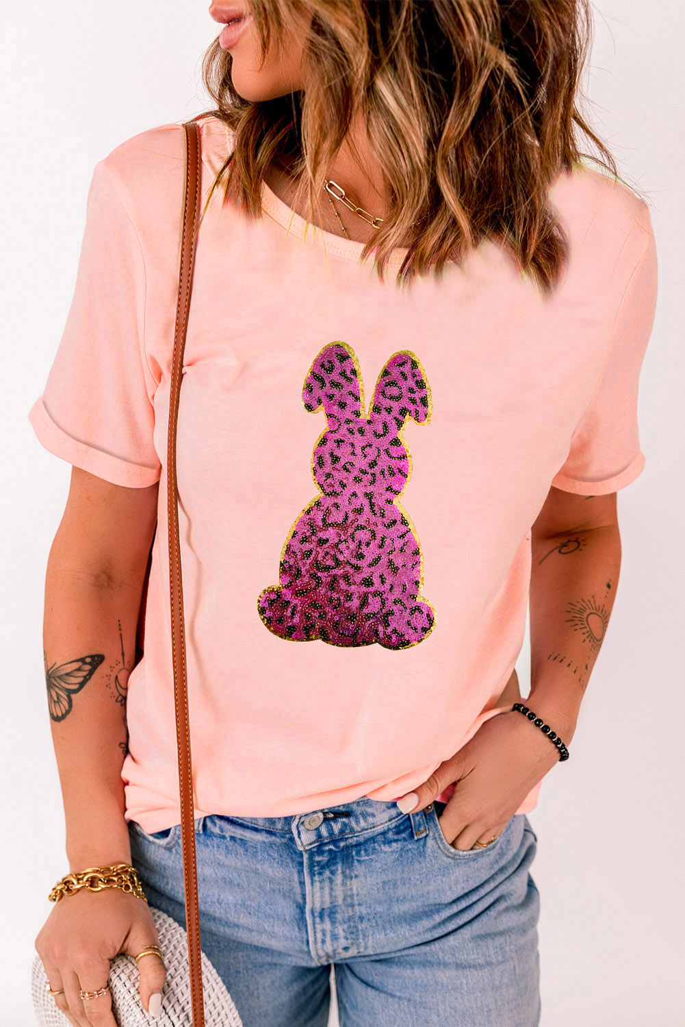 White Rabbit Bow Knot Print Crew Neck T Shirt