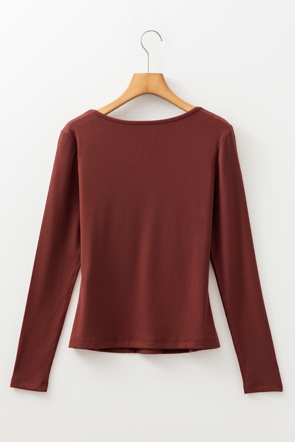 Burgundy Gathered Bust Square Neck Ribbed Fit Long Sleeve Top
