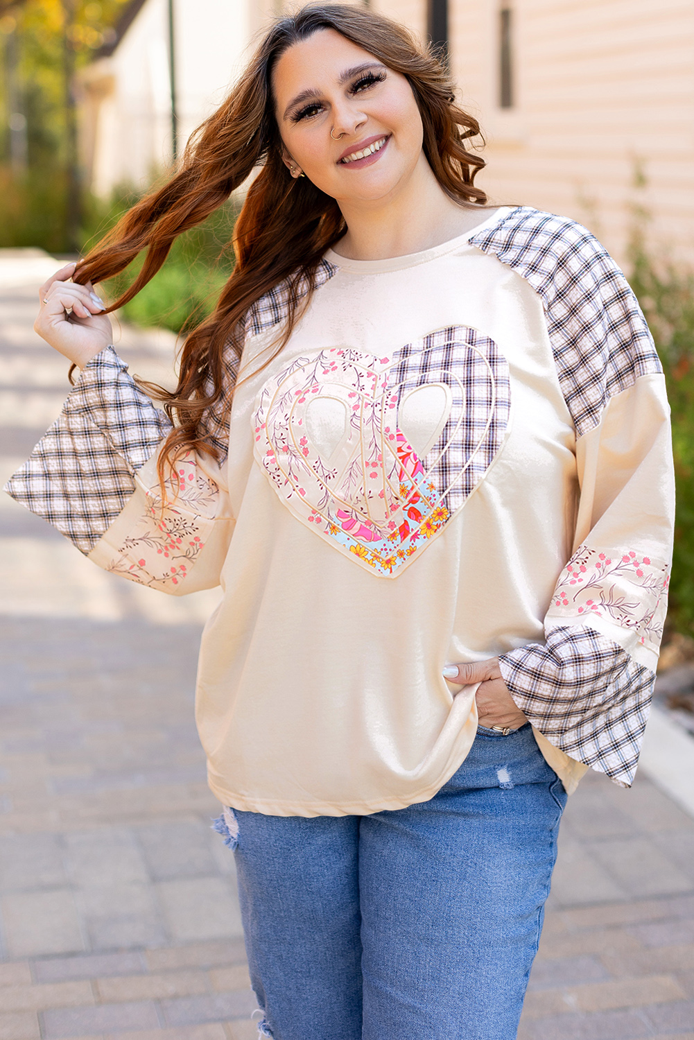 Beige Flower Patch Graphic Exposed Seam Wide Sleeve Top