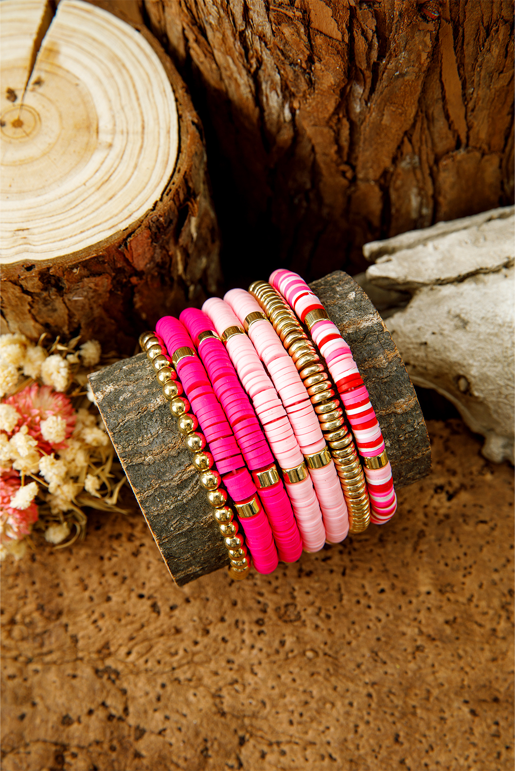 Bright Pink 7pcs Gold Plated Clay Beading Multi Layered Bracelet Set