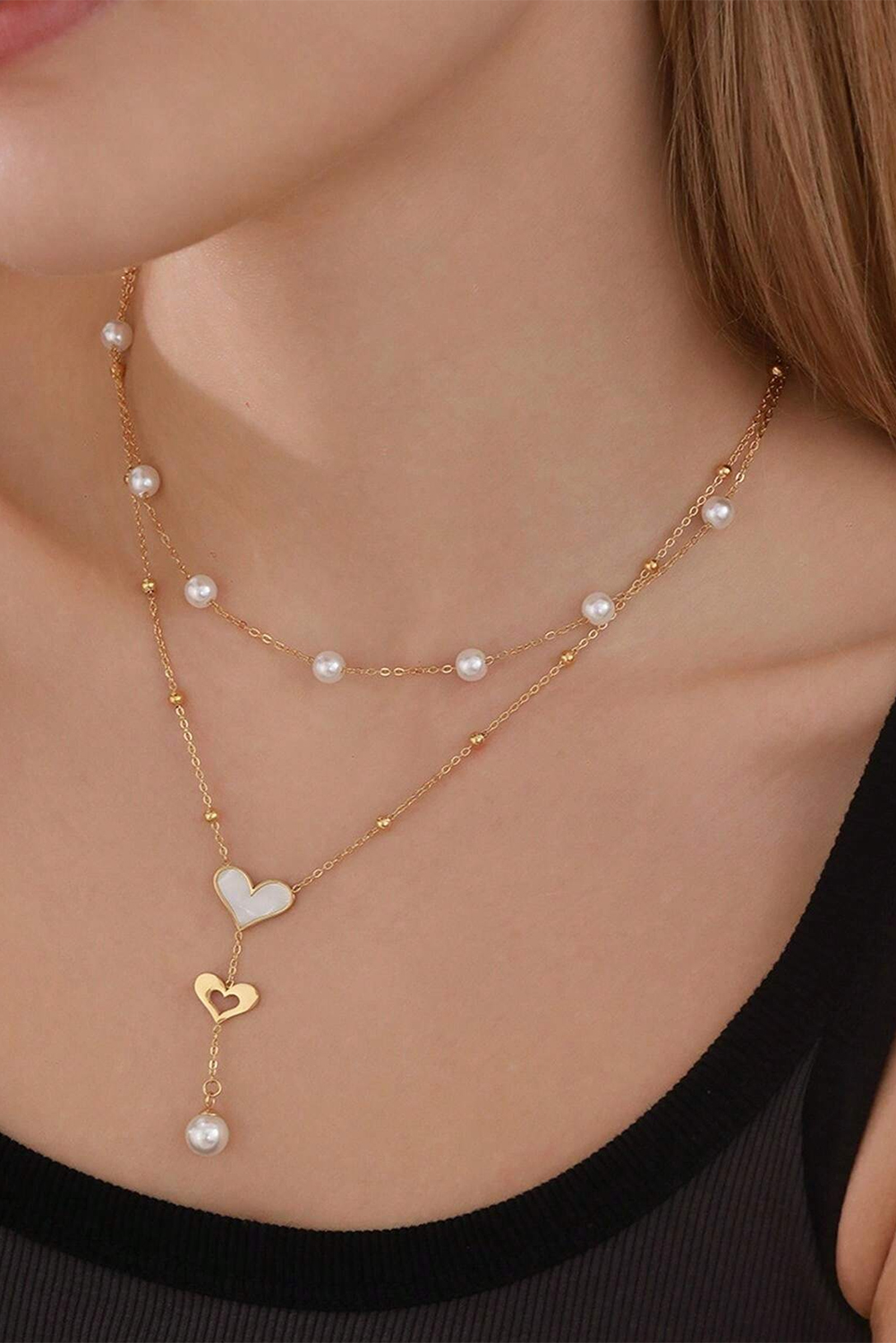 Gold Heart Pearl Double Layer Adjustable Chain Necklace