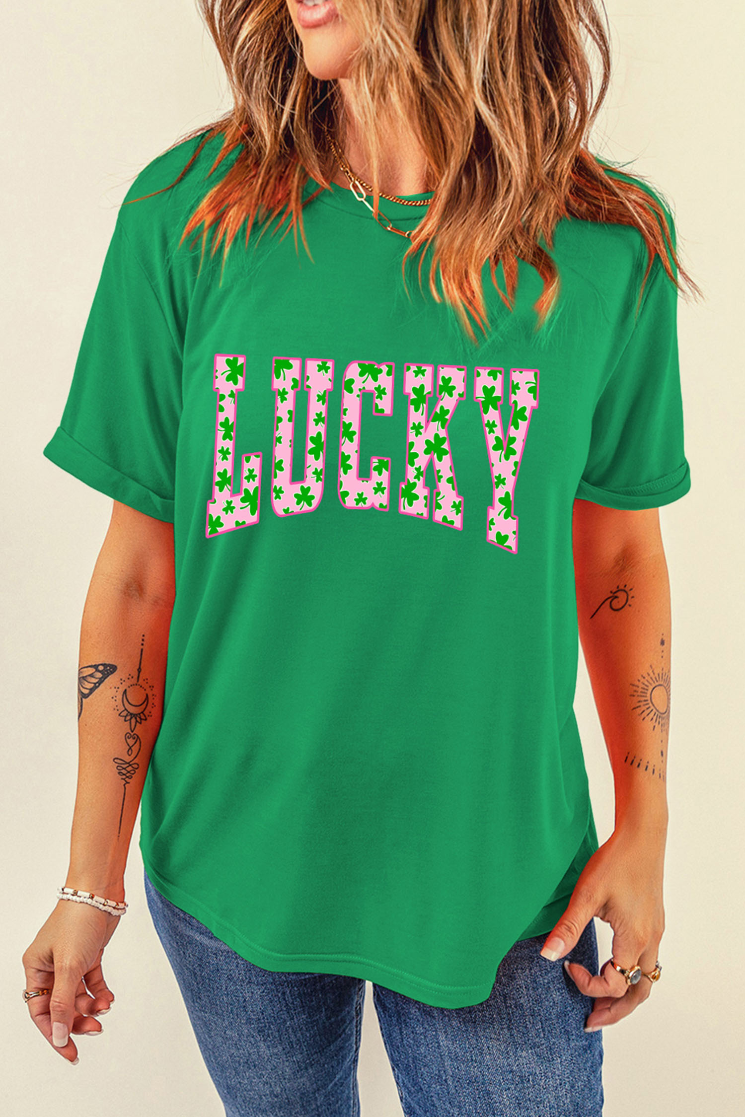 Bright Green LUCKY Clover Letter Printed Crew Neck T Shirt