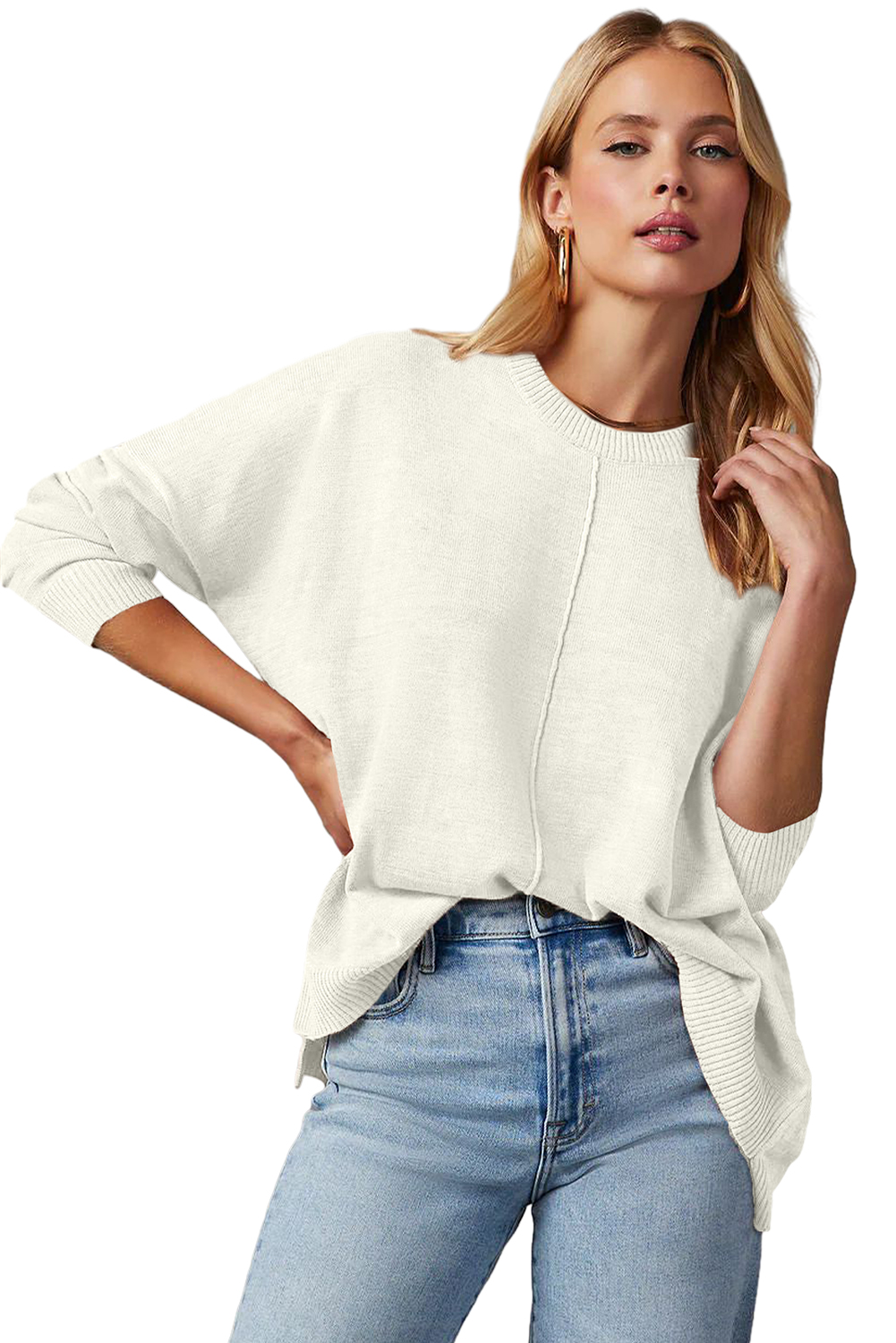 White Front Center Seam Drop Shoulder Pullover Solid Sweater