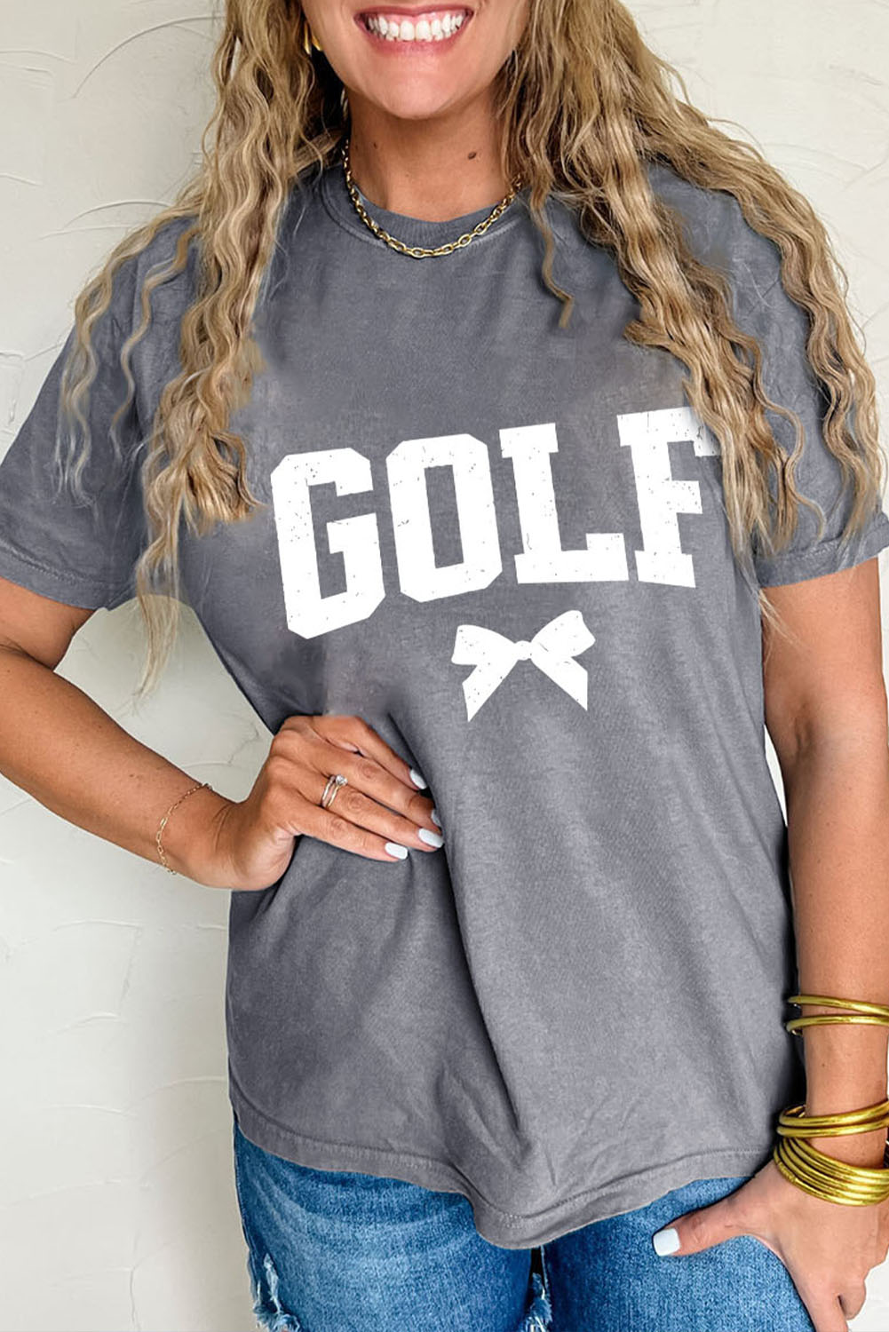 Gray Vintage GOLF Bow Print Casual T Shirt