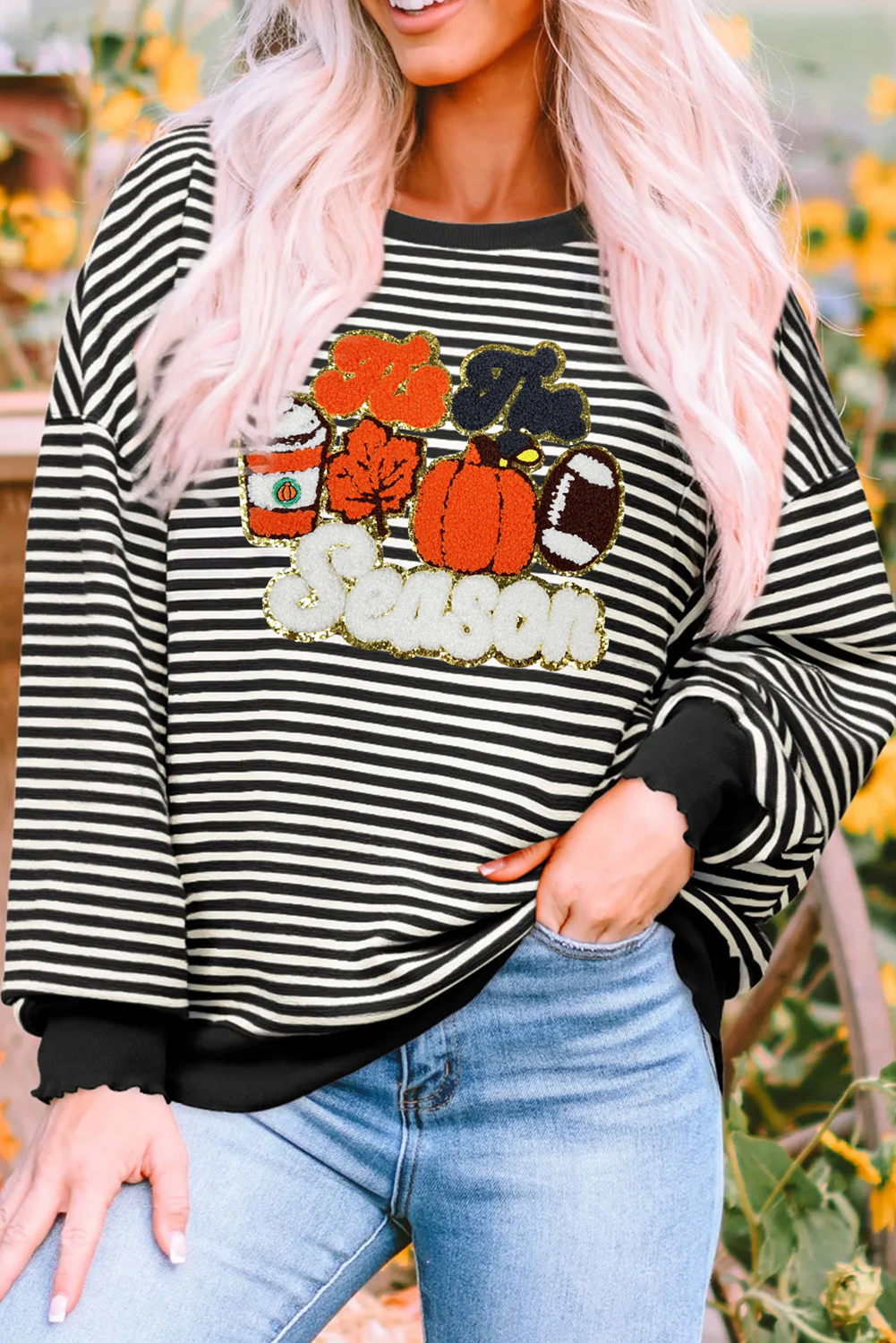 Black Stripe Tis The Season Chenille Patched Graphic Drop Shoulder Long Sleeve Top