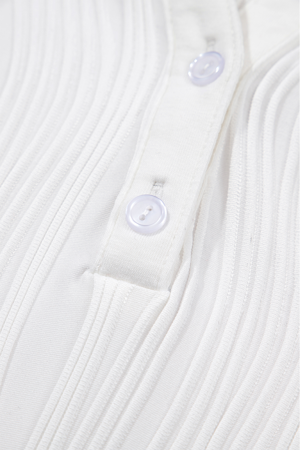 White Wavy Textured Button V Neck Tee