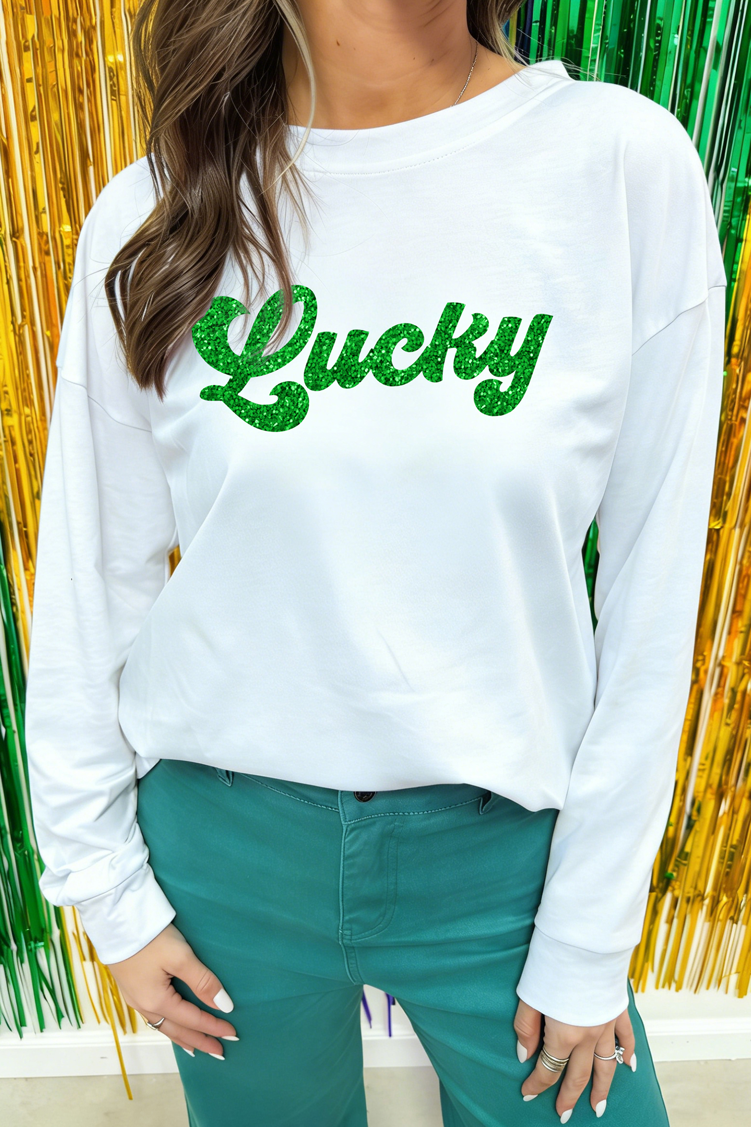 White LUCKY Clover Embroidered Long Sleeve Top