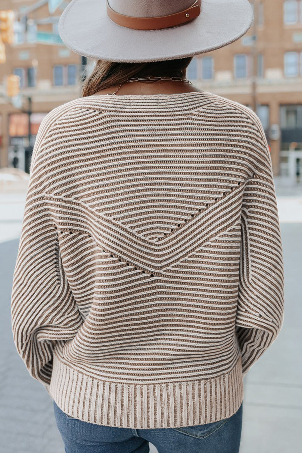 Coffee Striped Print Ribbed Knit Boat Neck Baggy Sweater