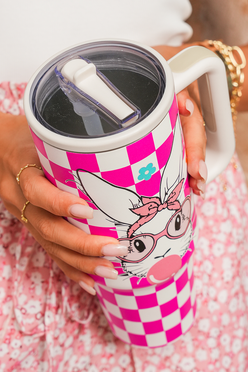 Rose Red Easter Rabbit Flower Checkered Print Large Tumbler 40oz