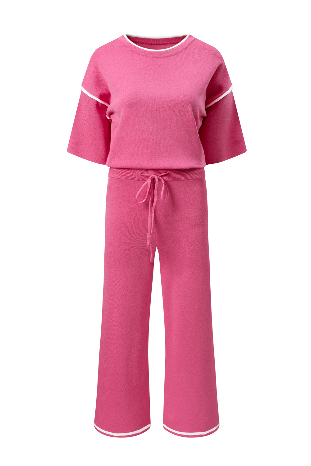 Blackish Green Contrast Trim Half Sleeve Top Drawstring Pants Loose 2pcs Sweater Suit