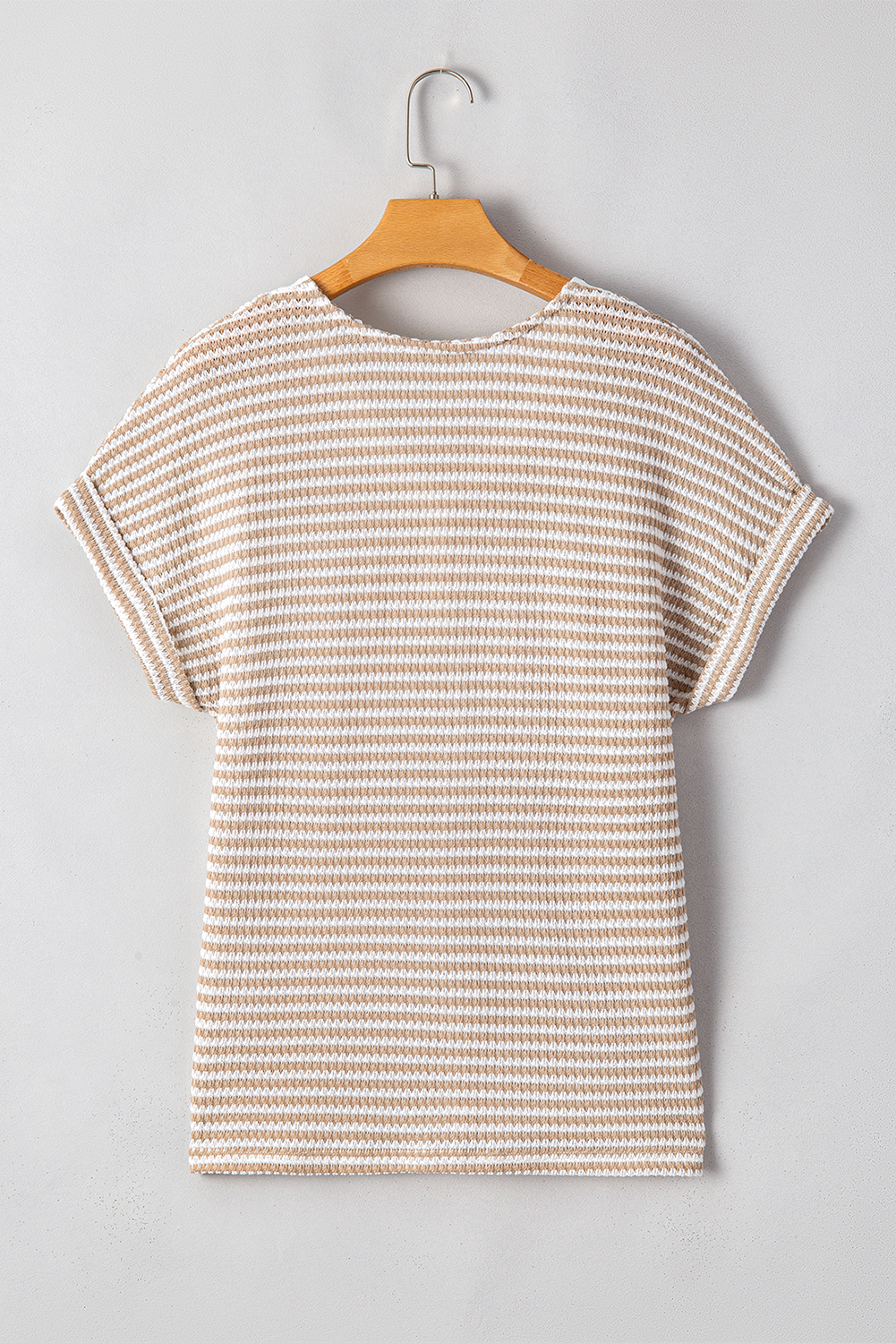 Khaki Stripe Buttoned Front V Neck Knitted T Shirt