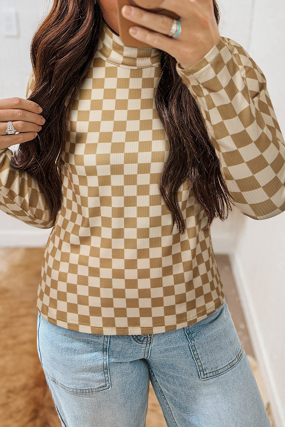 Khaki Check Pattern Turtleneck Ribbed Slim Long Sleeve Tee