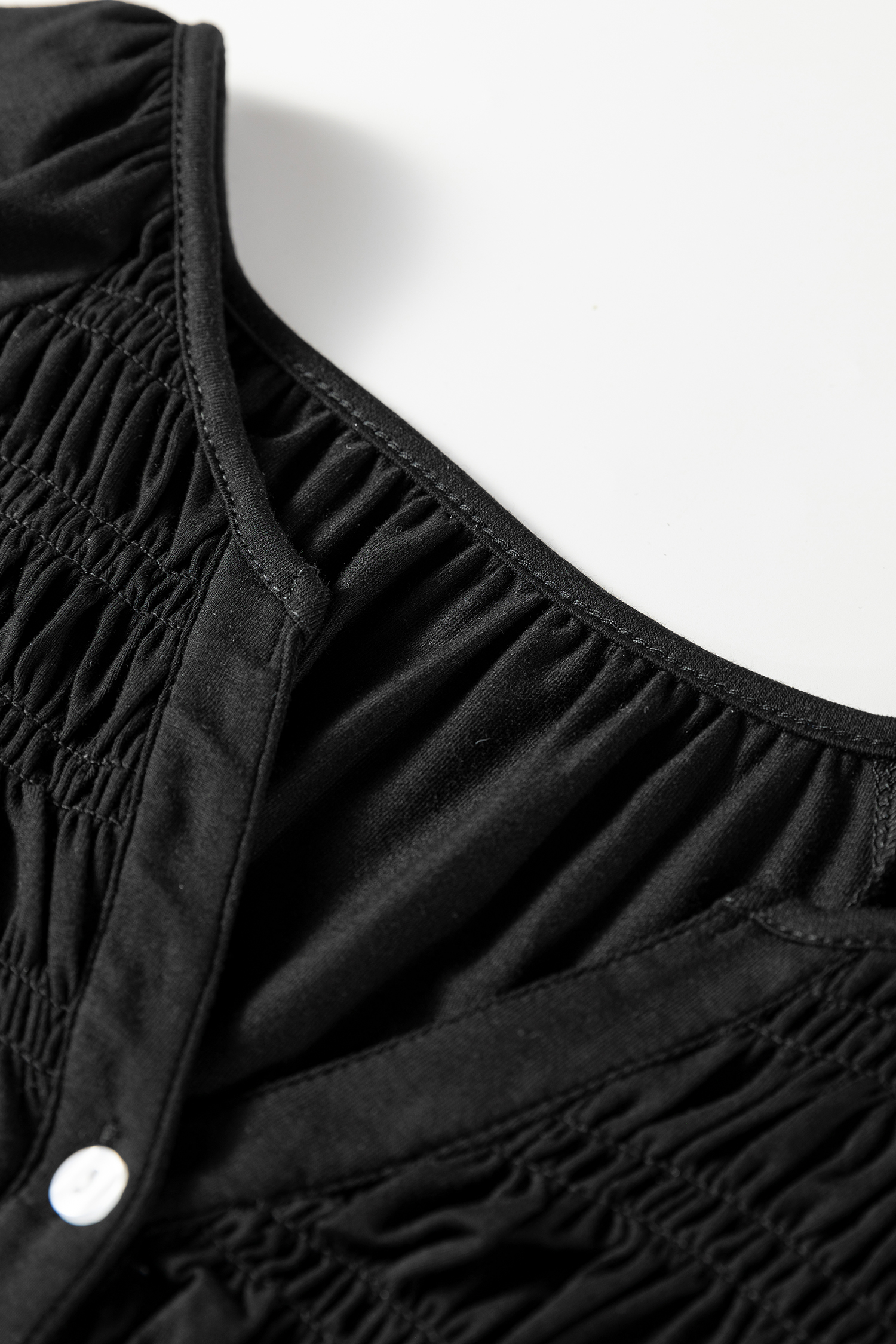 Black Smocked Bust Buttoned Split V Neck Flow Fit Blouse