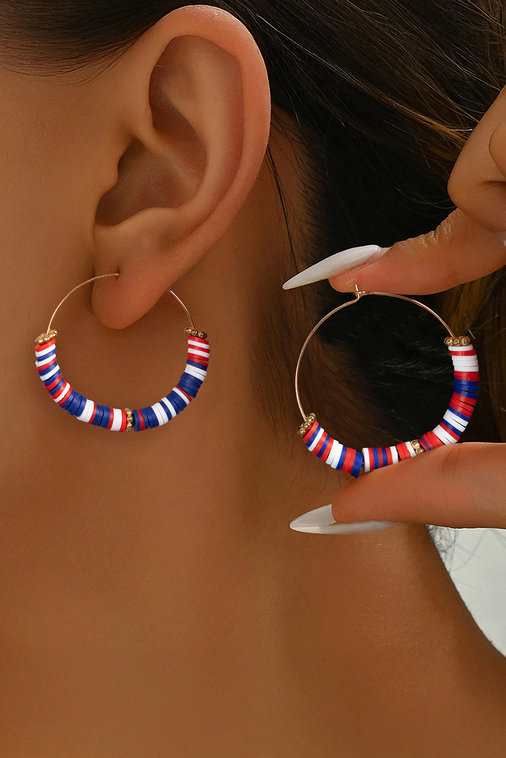 Dark Blue American Flag Inspired Beaded Large Hoop Earrings