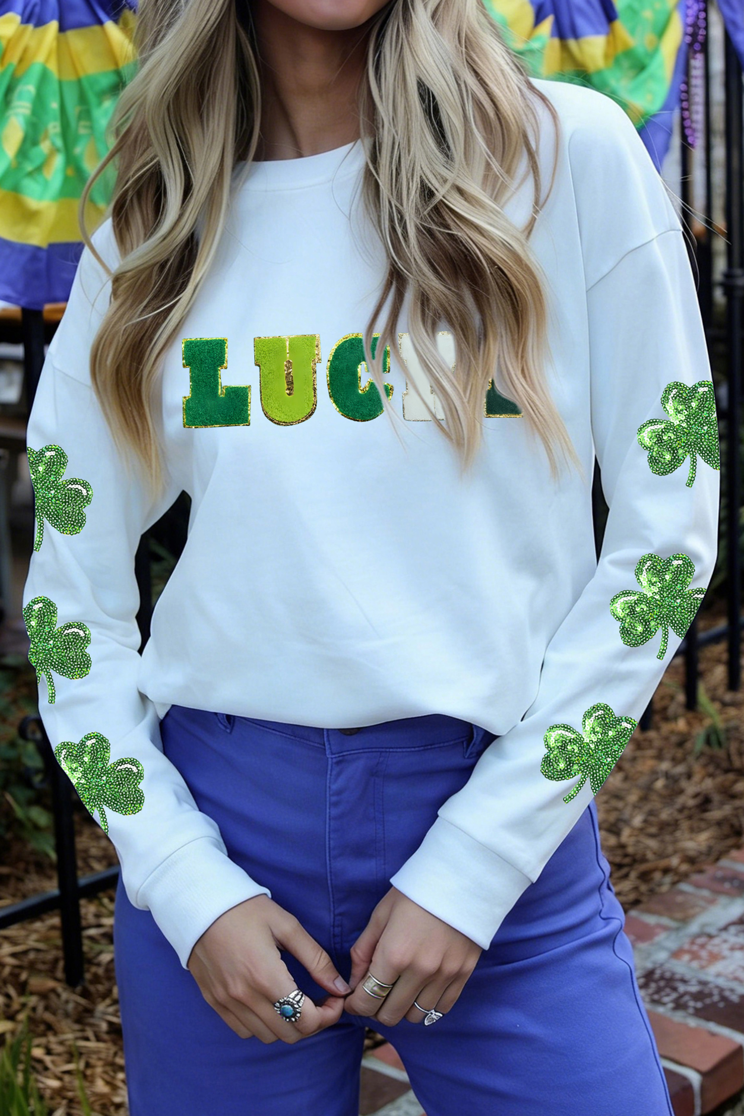 White LUCKY Clover Embroidered Long Sleeve Top