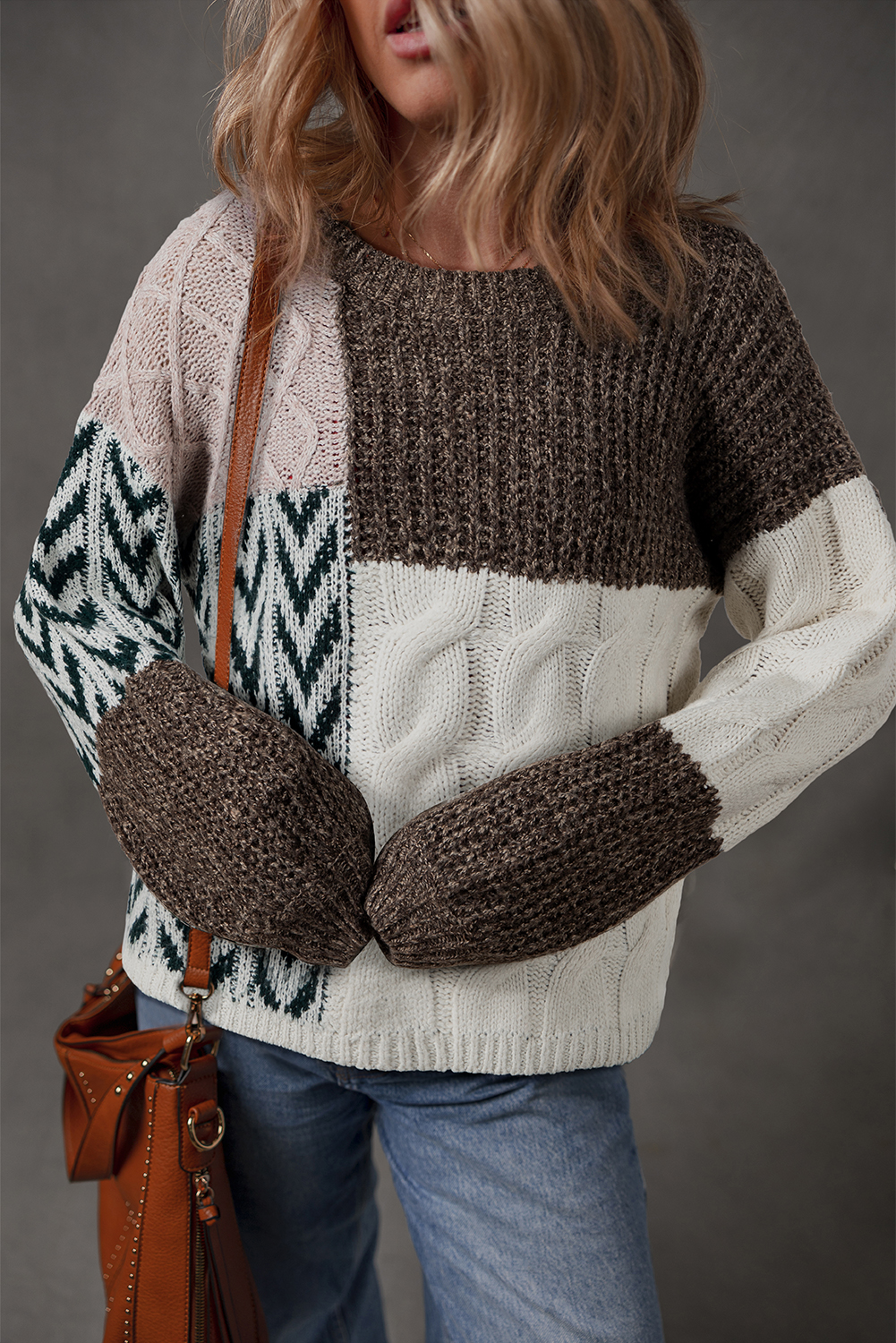 Brown Color Block Patchwork Knotted Back Loose Fit Sweater