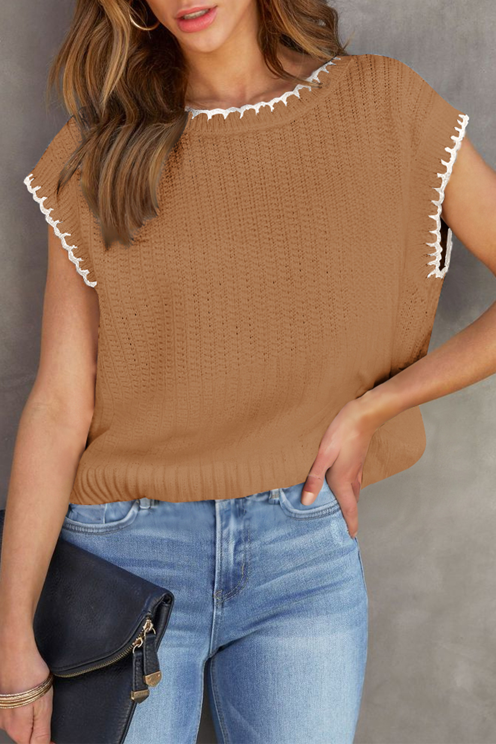 Camel Contrast Trim Boxy Fit Knit Short Sleeve Sweater Top