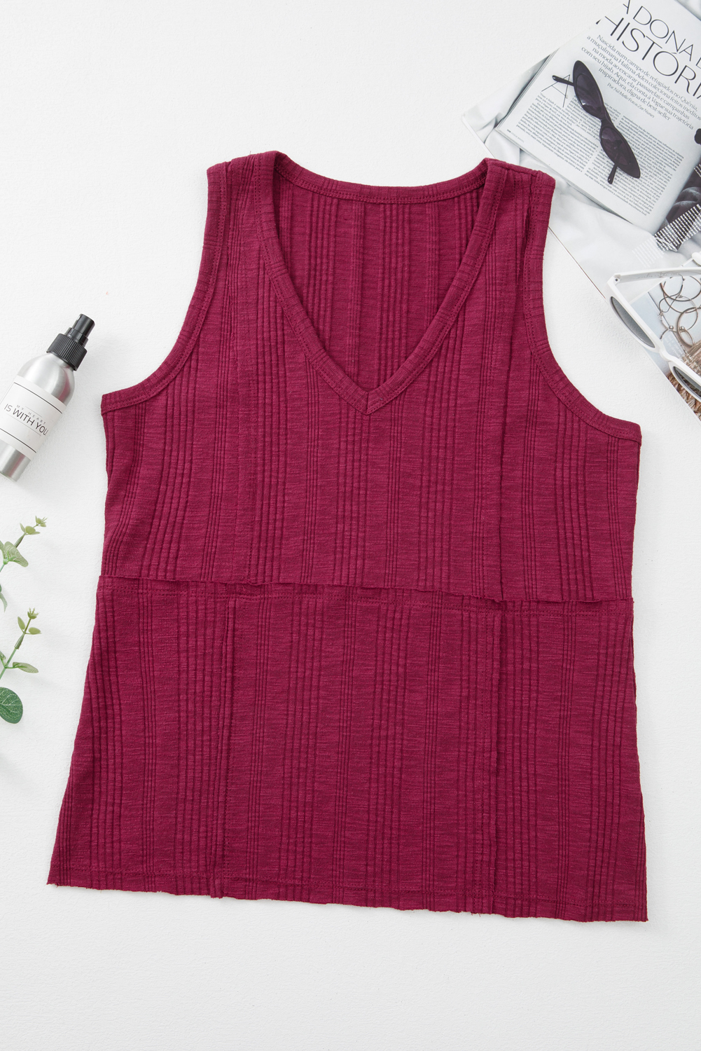 Red Dahlia Ribbed Textured Exposed Stitching Knit Tank Top