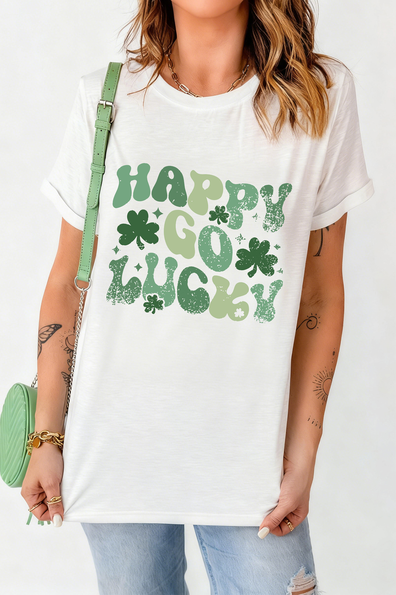 White HAPPY GO LUCKY St Patricks Day Graphic Tee