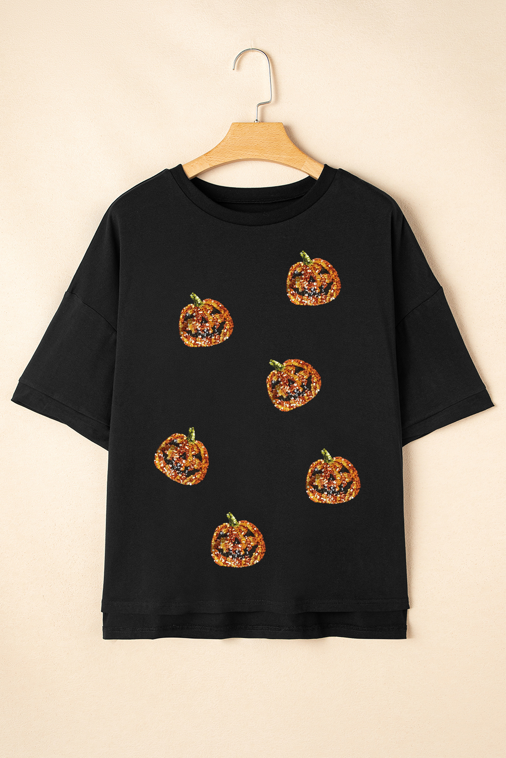 Black Sequin Jack-o-lantern Pattern Halloween Casual Tee