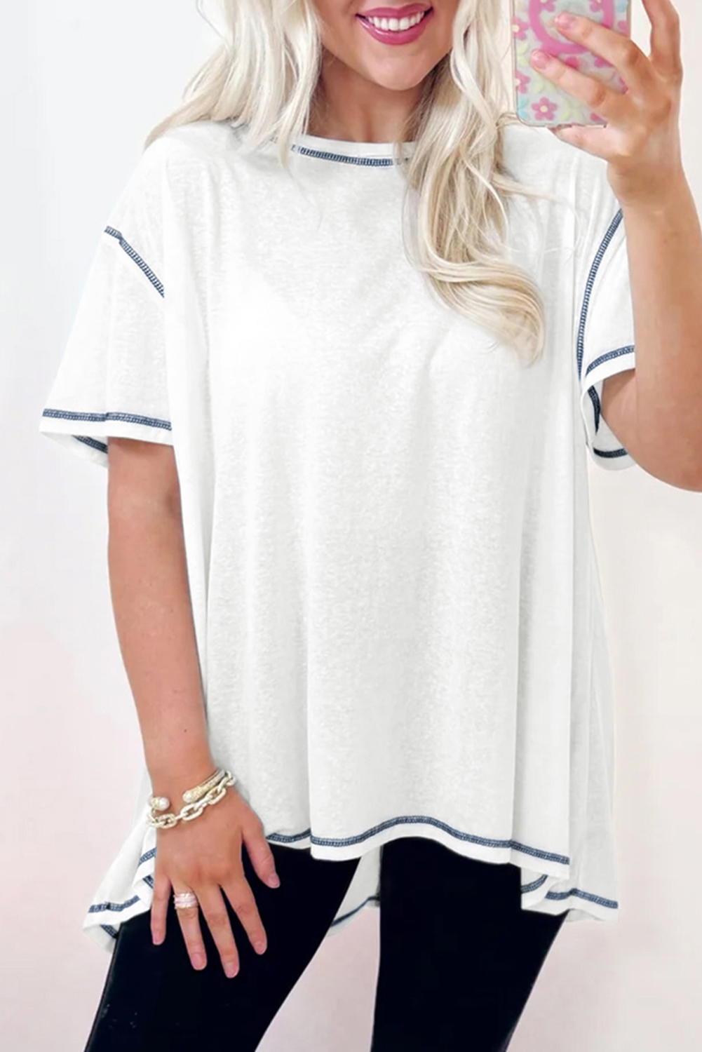 White Contrast Exposed Stitching Relaxed Fit T Shirt