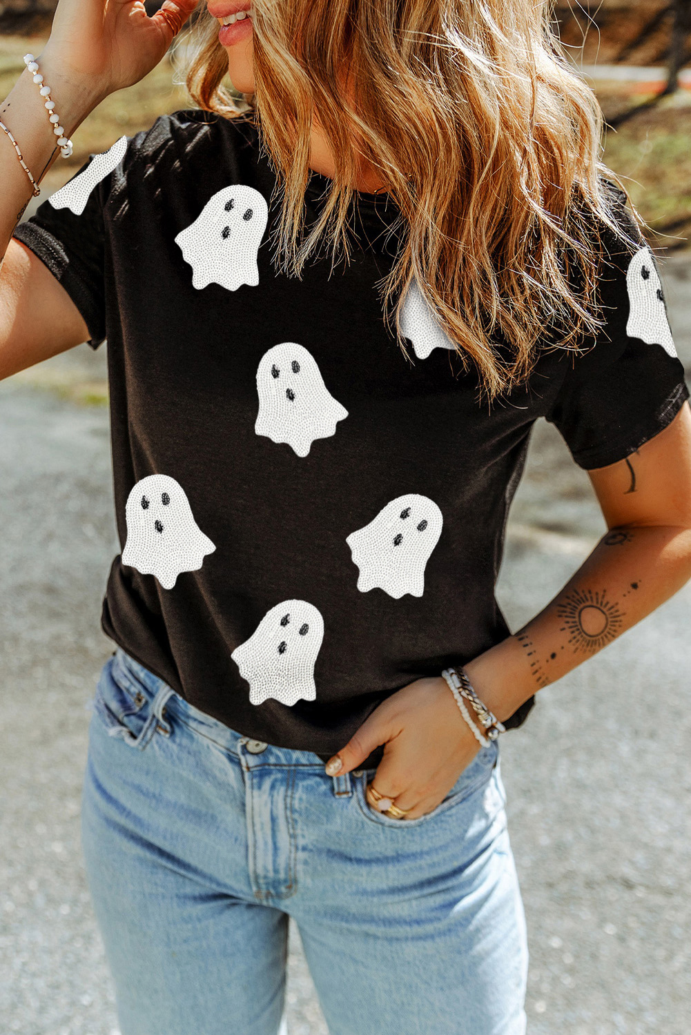 Wisteria Glitter Trim Chenille Ghost Patched Halloween Graphic Tee