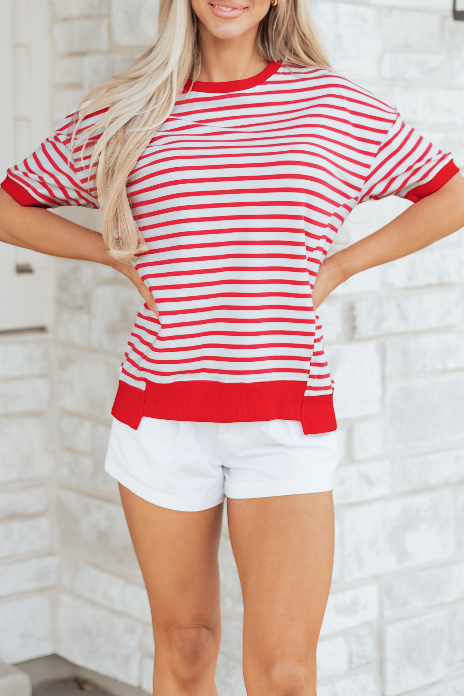 Red Stripe Drop Shoulder Half Sleeve T Shirt