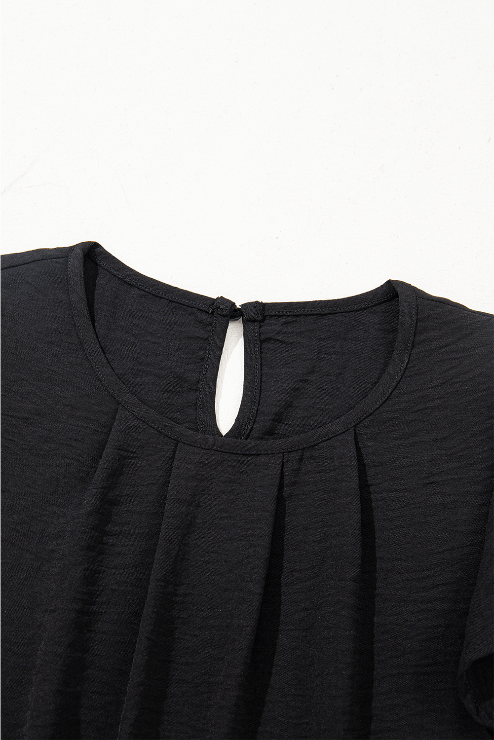 Black Flounce Sleeve Pleated Textured Blouse
